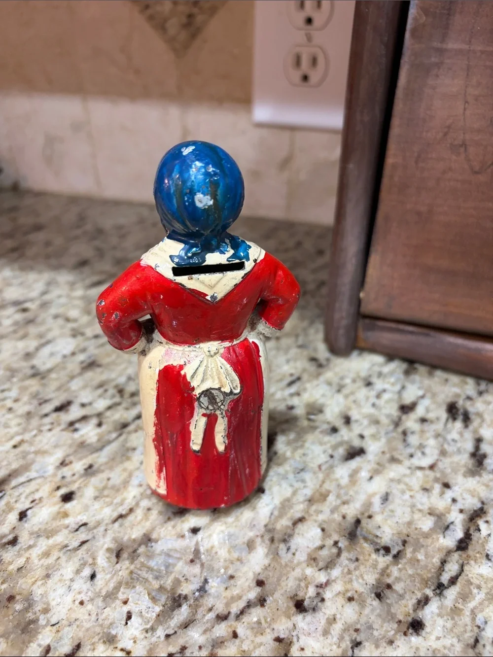 Vintage Cast Iron Figural Mammy Bank in Red, Cream & Blue